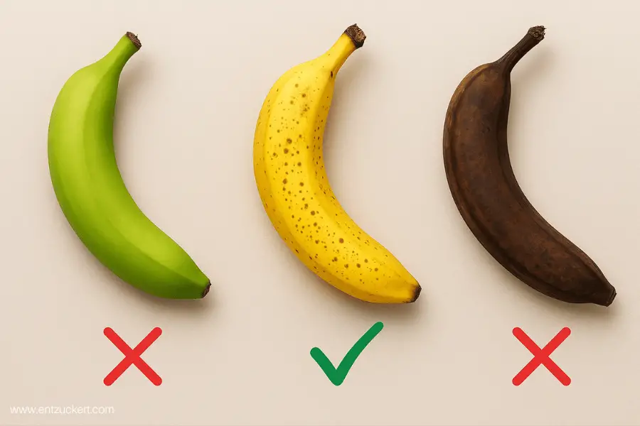 Welche Bananen eignen sich am besten für Bananenwaffeln ohne Zucker? Gelbe mit braunen Punkten. Grüne und braune Bananen eignen sich nicht